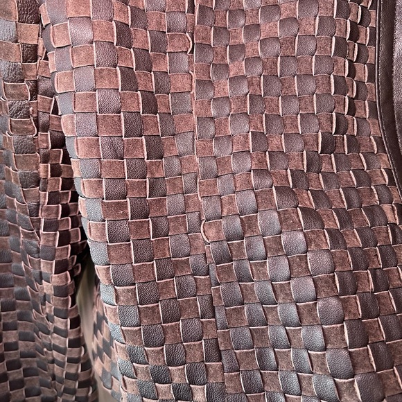 ST. JOHN - WOVEN LEATHER JACKET - WITH REMOVABLE RABBIT FUR COLLAR- WOMENS LARGE - Picture 5 of 15